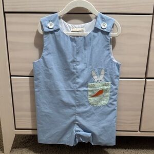 The Beaufort Bonnet Company Light Blue Romper with Bunny Pocket